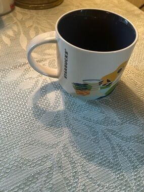 Starbucks White Mug with Dark Blue Interior and Colorful Fruit Design CEBU 2017